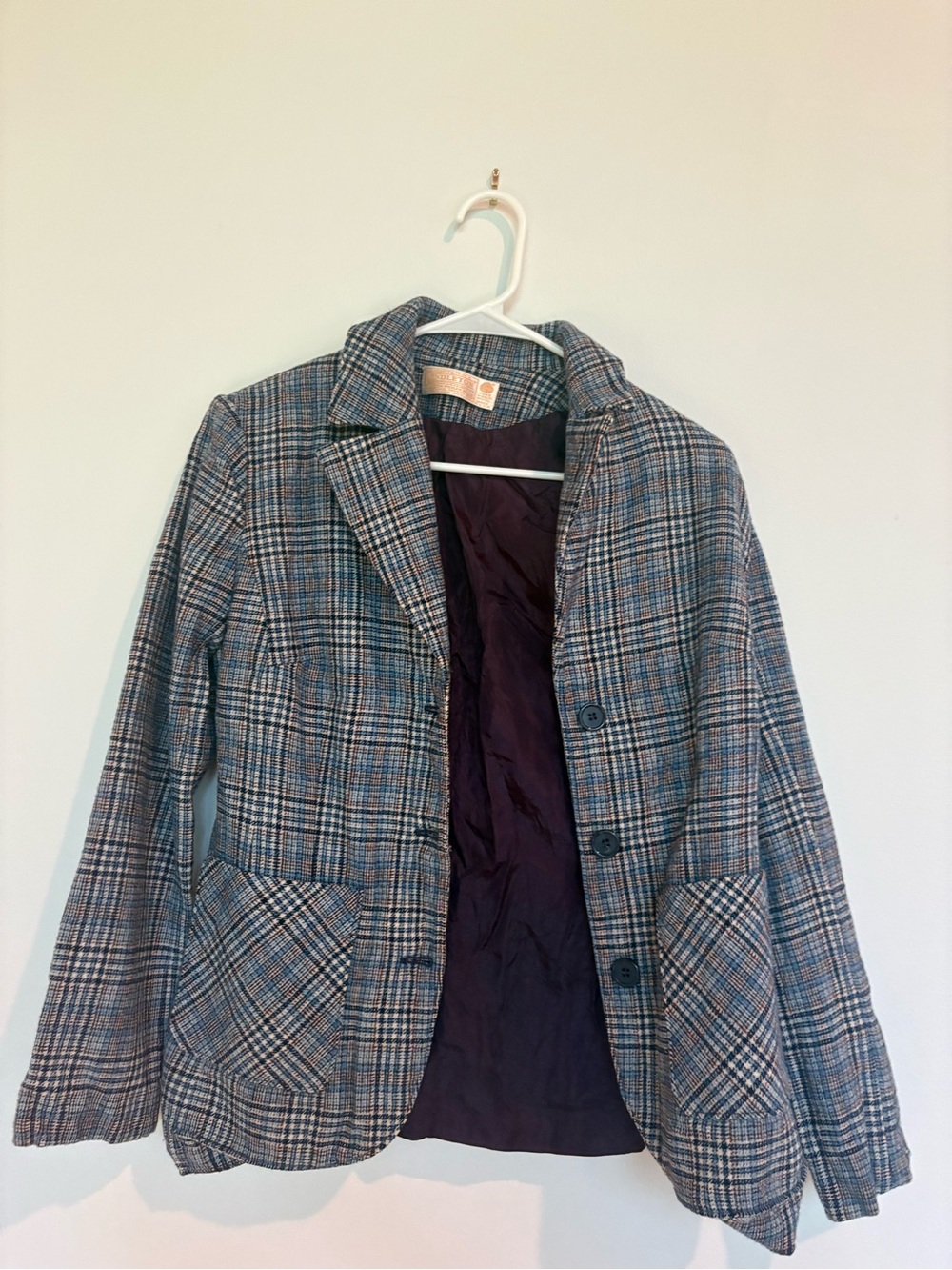 Pendleton Plaid Blazer Jacket in Gray and Blue with Brown Accents